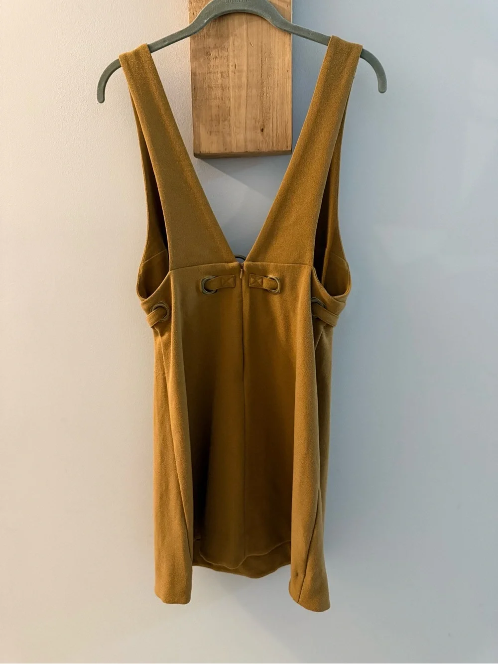 FREE PEOPLE Mustard-Brown Suede Feel Deep-V Dress w Grommets & Tie Waist, S